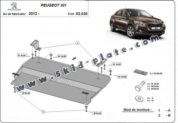 Steel skid plate for the protection of the engine and the gearbox for Peugeot 301