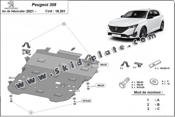 Steel skid plate for Peugeot 308