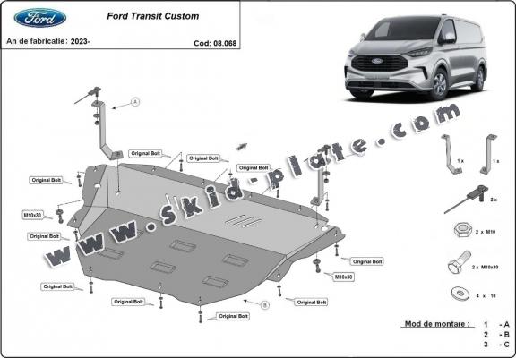 Steel skid plate for the protection of the engine and the gearbox for Ford Transit Custom