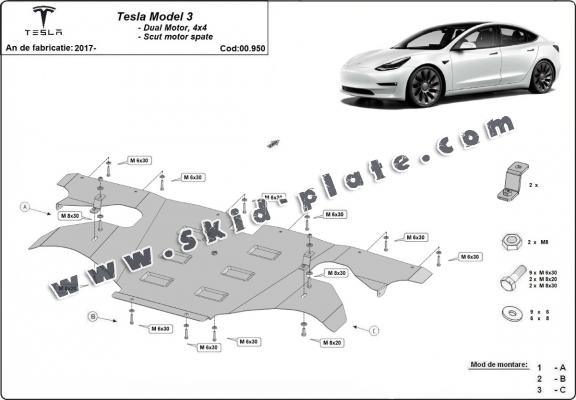 Rear electric motor skid plate for Tesla Model 3 AWD